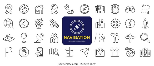 Navigation and location set of web icons in line style. Map location and navigation icons for web and mobile app. Map pin, GPS, compass, navigator, marker, map, pointer, traffic, travel, direction
