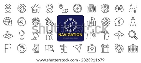 Navigation and location set of web icons in line style. Map location and navigation icons for web and mobile app. Map pin, GPS, compass, navigator, marker, map, pointer, traffic, travel, direction