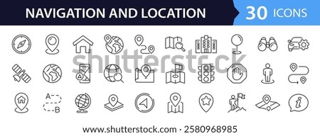Navigation and location set of web icons in line style. Map location and navigation icons for web and mobile app. Map pin, GPS, compass, navigator, marker, map, pointer, traffic, travel, direction