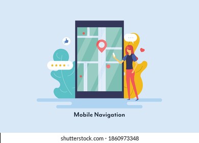 Navigation and location, Smartphone app, Mobile maps GPS, Woman following mobile phone map - conceptual vector illustration with icons