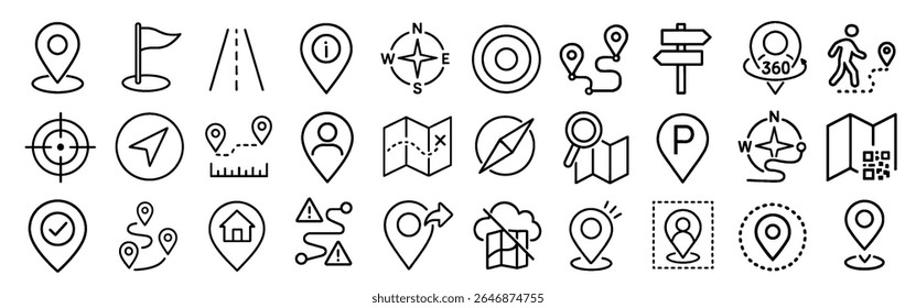 Symbolsatz für Navigations- und Positionsstriche - Enthält GPS-, Pin-, Routen- und Kartenelemente.