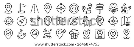 Navigation and Location Stroke Icon Set – Includes GPS, Pin, Route, and Map Elements.