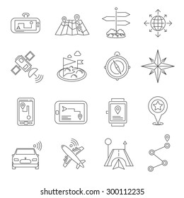 Navigation and location system compasses map and gps routes and landmarks flat outline icon set isolated vector illustration