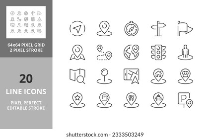 Navigation and location, thin line icon set 1of 2. Outline symbol collection. Editable vector stroke. 64 and 256 Pixel Perfect scalable to 128px