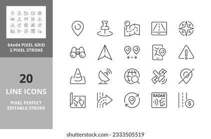 Navigation and location, thin line icon set 2 of 2. Outline symbol collection. Editable vector stroke. 64 and 256 Pixel Perfect scalable to 128px