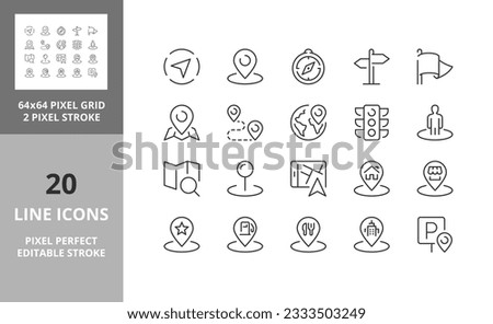 Navigation and location, thin line icon set 1of 2. Outline symbol collection. Editable vector stroke. 64 and 256 Pixel Perfect scalable to 128px