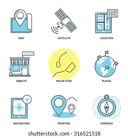 Navigation and location vector icons set: map, satellite, location, objects, polar star, places, navigation, pointers, compass. Modern line style