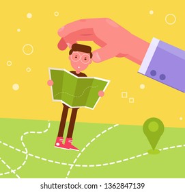 Navigation. Man with the map Vector. Cartoon. Isolated art. Flat