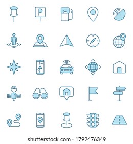 Navigation And Map 2 Color Linear Vector Icons Isolated On White Background. Navigation Icon Set In Two Blue Colors For Web Design, Ui, Mobile Apps And Print