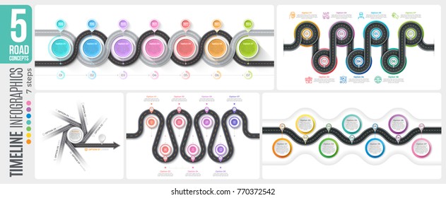Navigation map 7 steps timeline infographic concepts. 5 winding roads. Vector illustration set