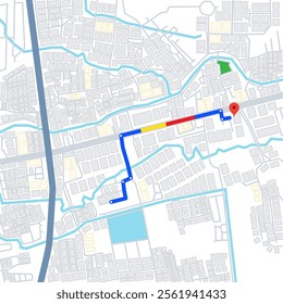 Navigation map concept. Route shows transportation direction on map from origin to destination.