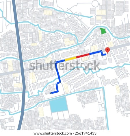 Navigation map concept. Route shows transportation direction on map from origin to destination.