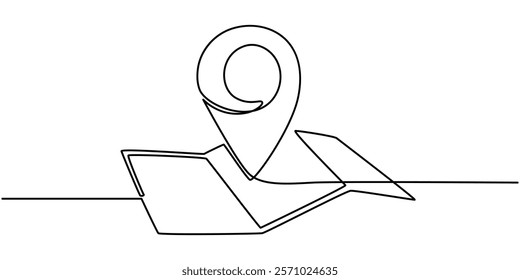Navigation Map Continuous Line Editable Stroke Line, A simple, continuous line drawing of a pin on a map.  It represents a delivery service, online shopping, or a business location.continuous single.