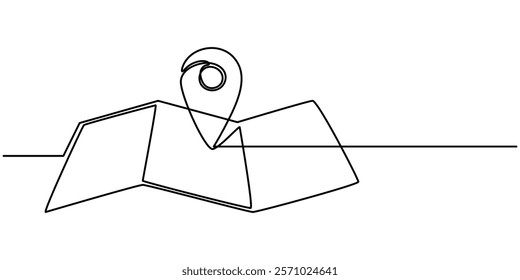 Navigation Map Continuous Line Editable Stroke Line, A simple, continuous line drawing of a pin on a map.  It represents a delivery service, online shopping, or a business location.continuous single.