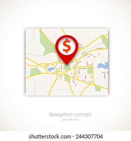 Navigation map with dollar on red pin pointer