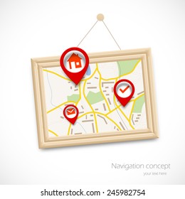 Navigation map in frame with pin pointers