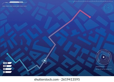 Navigation map game. Futuristic UI for city streets roadmap, gps orientation, app vector template. Road direction in digital navigation map on screen display