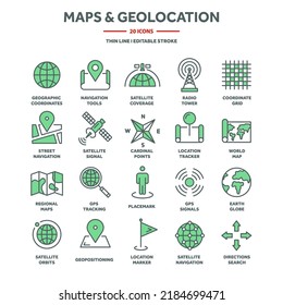 Navigationskarte und Geolokation, GPS-Positionierung. Koordinate Gitterquadranten, Kardinalpunkte, Standortsuche. Reiseroute und Weitpunktplanung. Dünne Web-Symbole gesetzt. Vektorgrafik