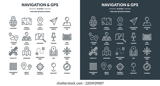 Mapa de navegación y geolocalización, posicionamiento GPS. Cuadranos de coordenadas, puntos cardinales, buscador de ubicación. Planificación de rutas de viaje y puntos de ruta. Iconos web de línea delgada configurados. Ilustración del vector