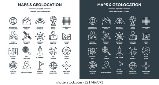 Navigation map and geolocation, GPS positioning. Coordinate grid quadrants, cardinal points, location finder. Travel route and waypoints planning. Thin line web icons set. Vector illustration