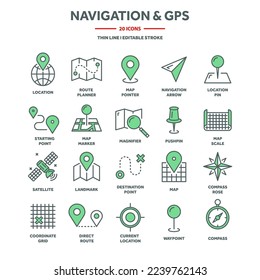 Navigation map and geolocation, GPS positioning. Coordinate grid quadrants, cardinal points, location finder. Travel route and waypoints planning. Thin line web icons set. Vector illustration