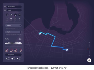 Navigation map. Gps mobile interface with route on city street and location pins. App roadmap tracker vector ui