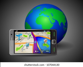 Navigationskarte, GPS-Bildschirm auf Smartphone mit Welt-Globus auf grauem Hintergrund. EPS10.