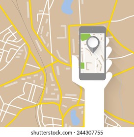 Navigation map with hand and mobile phone