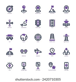 Navigations- und Kartensymbolpaket für Ihre Website, Ihr Handy, Ihre Präsentation und Ihr Logo-Design. Navigation und Karte Symbol duale Tongestaltung. Vektorgrafik-Illustration und bearbeitbarer Strich.