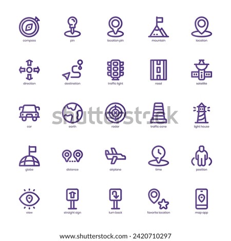 Navigation and Map icon pack for your website, mobile, presentation, and logo design. Navigation and Map icon basic line gradient design. Vector graphics illustration and editable stroke.