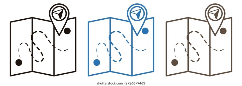Conjunto de iconos de mapa de navegación que muestra una ruta planificada con un marcador de ubicación y una brújula