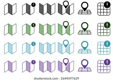 Navigation map icons in flat and outline styles with location pins and compass elements. Includes 4 color themes: black, green, blue, and purple. Ideal for apps, maps, and travel UIs.

