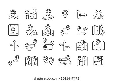 "Navigation and Map Icons Set – Location Pins, Direction Signs, Routes, and GPS Symbols"

