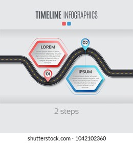 Navigation map infographic 2 steps timeline concept. Vector illustration winding road. Color swatches control