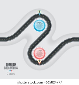 Navigation map infographic 2 steps timeline concept. Winding road. Vector illustration.