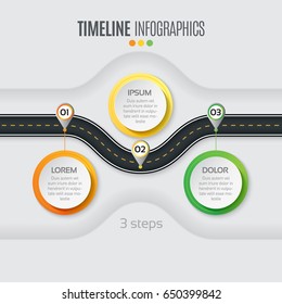 Navigation map infographic 3 steps timeline concept. Winding road. Vector illustration.