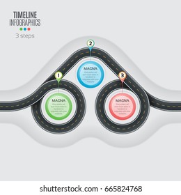 Navigation map infographic 3 steps timeline concept. Winding road. Vector illustration.