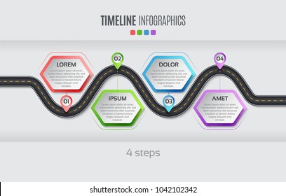 Navigation map infographic 4 steps timeline concept. Vector illustration winding road. Color swatches control