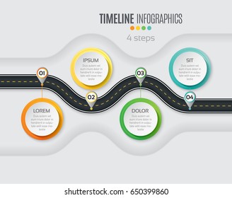 Navigation Map Infographic 4 Steps Timeline Concept. Winding Road. Vector Illustration.