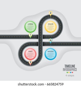 Navigation map infographic 4 steps timeline concept. Winding road. Vector illustration.