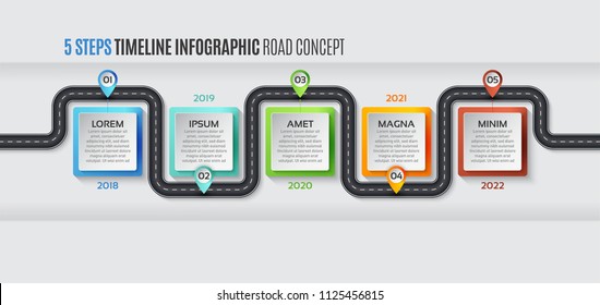Navigation map infographic 5 steps timeline concept. Vector illustration winding road. Color swatches control