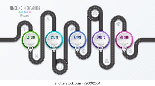 Navigation map infographic 5 steps timeline concept. Winding road. Vector illustration.