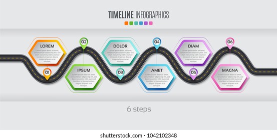 Navigation map infographic 6 steps timeline concept. Vector illustration winding road. Color swatches control