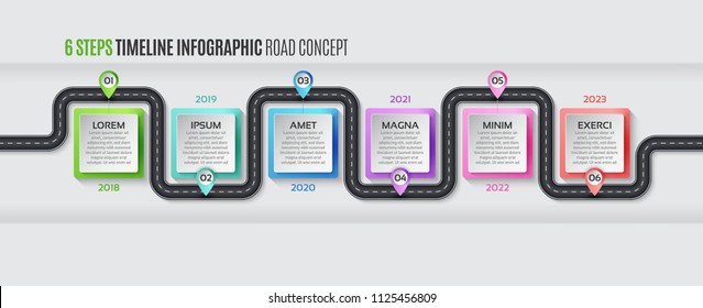 Navigation map infographic 6 steps timeline concept. Vector illustration winding road. Color swatches control