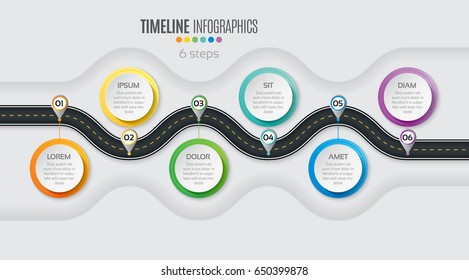 Navigation Map Infographic 6 Steps Timeline Concept. Winding Road. Vector Illustration.