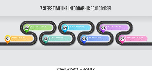Navigation map infographic 7 steps timeline concept. Vector illustration winding road. Color swatches control