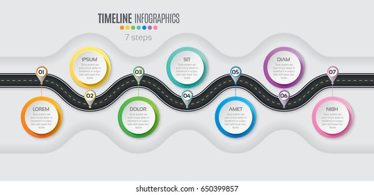 Navigation Map Infographic 7 Steps Timeline Concept. Winding Road. Vector Illustration.