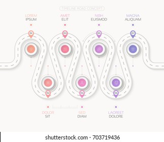 Navigation map infographic 7 steps timeline concept. Winding white road. Vector illustration.