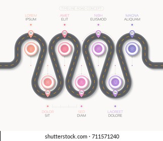Navigation map infographic 7 steps timeline concept. Winding road. Vector illustration.