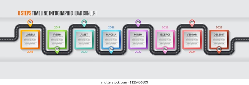 Navigation Map Infographic 8 Steps Timeline Concept. Vector Illustration Winding Road. Color Swatches Control